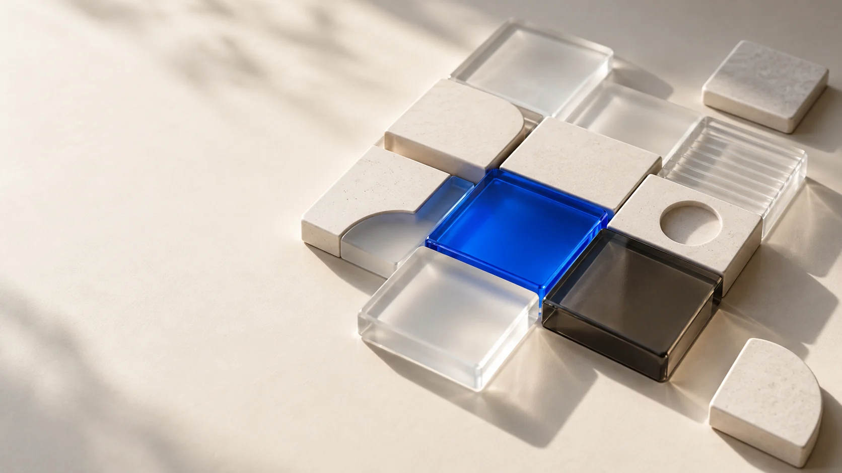 Conceptual modular composition of blue, white, and translucent tiles